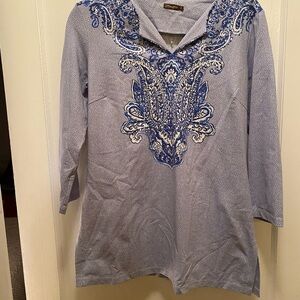 J. McLaughlin Light Blue and White Patterned Tunic Top